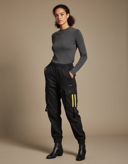 Pantalon Cargo Noir Décontracté Bandes Jaunes Femme - Toile