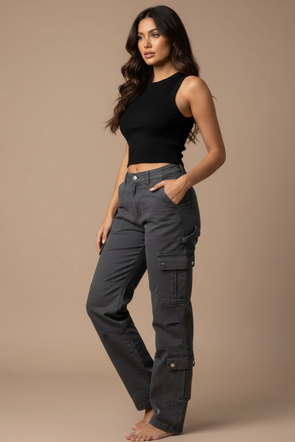 Pantalon Cargo Gris Femme Ample Taille Haute - Toile