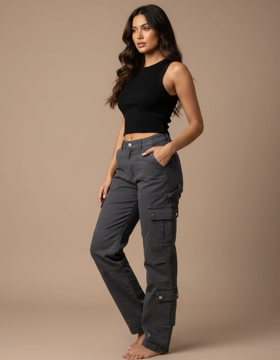 Pantalon Cargo Gris Femme Ample Taille Haute - Toile