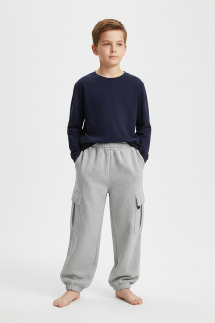 Pantalon Cargo Gris Molletonné Ample Multipoches Garçon