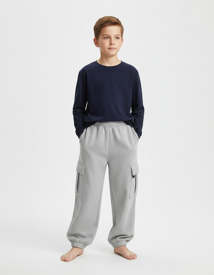 Pantalon Cargo Gris Molletonné Ample Multipoches Garçon