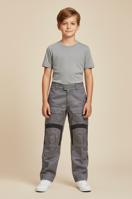 Pantalon Cargo Gris Enfant Tactique Genouillères Renforcées - Toile