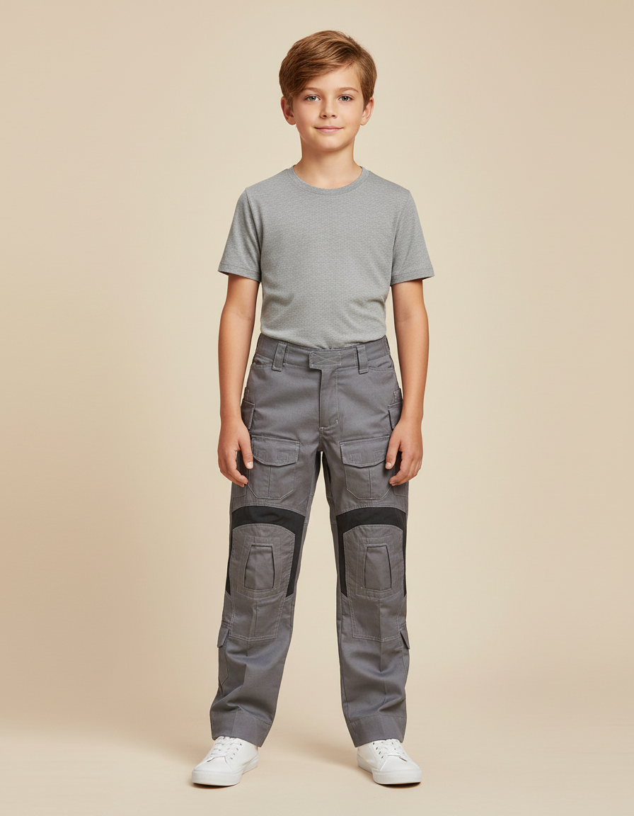 Pantalon Cargo Gris Enfant Tactique Genouillères Renforcées - Toile
