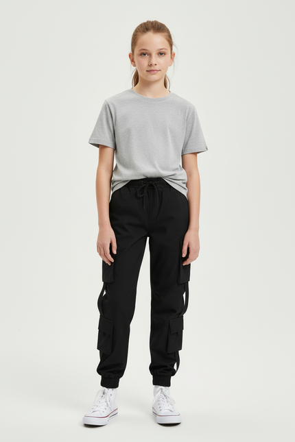 Pantalon Cargo Noir Multipoches Jogger Fille Coton
