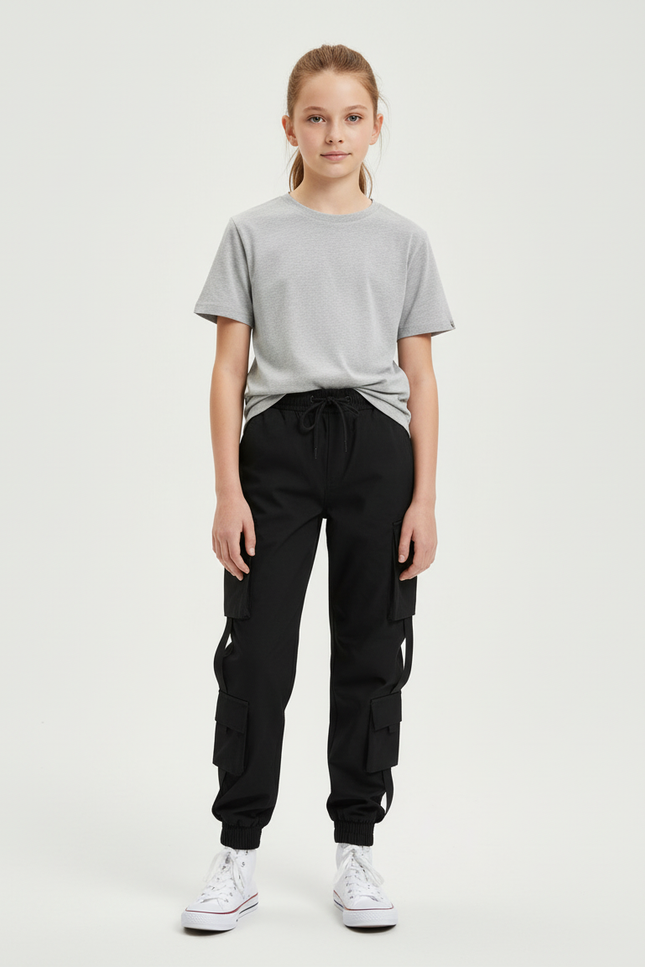 Pantalon Cargo Noir Multipoches Jogger Fille Coton