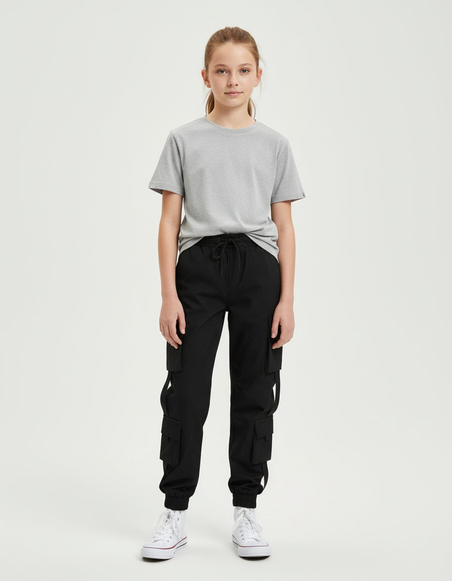 Pantalon Cargo Noir Multipoches Jogger Fille Coton