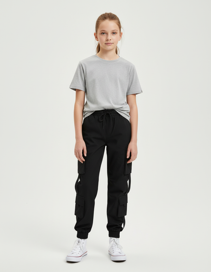 Pantalon Cargo Noir Multipoches Jogger Fille Coton