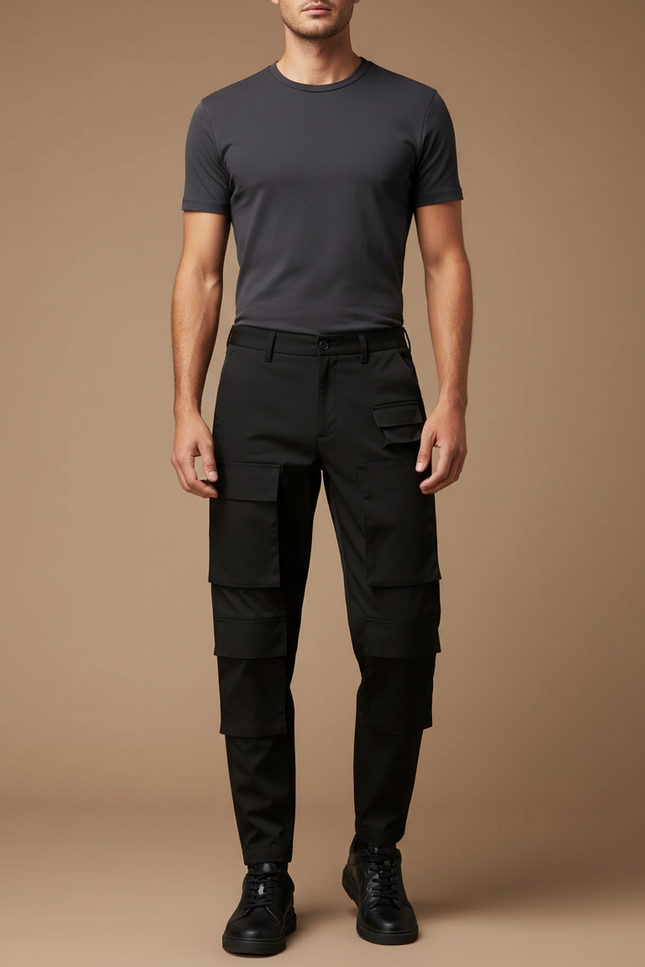 Pantalon Cargo Noir Homme Coupe Droite Poches Multiples - Polyester