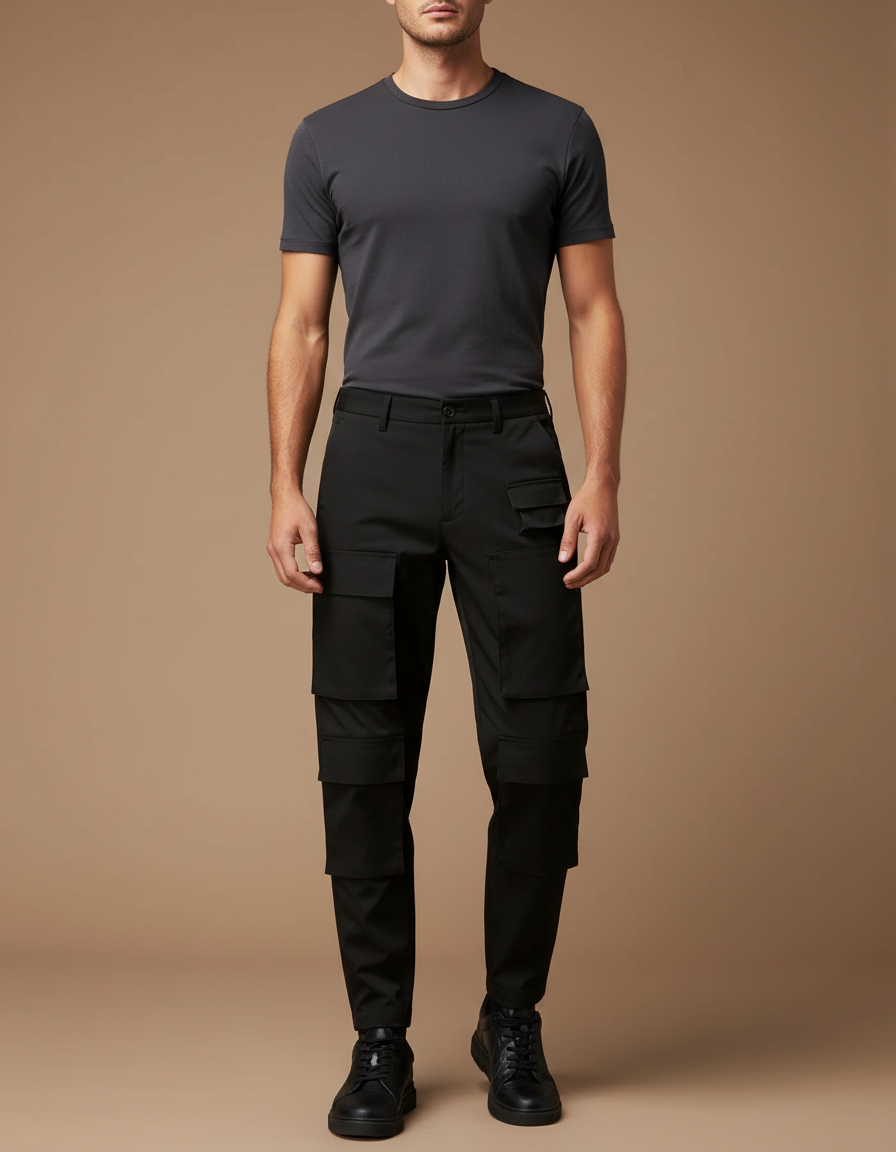 Pantalon Cargo Noir Homme Coupe Droite Poches Multiples - Polyester