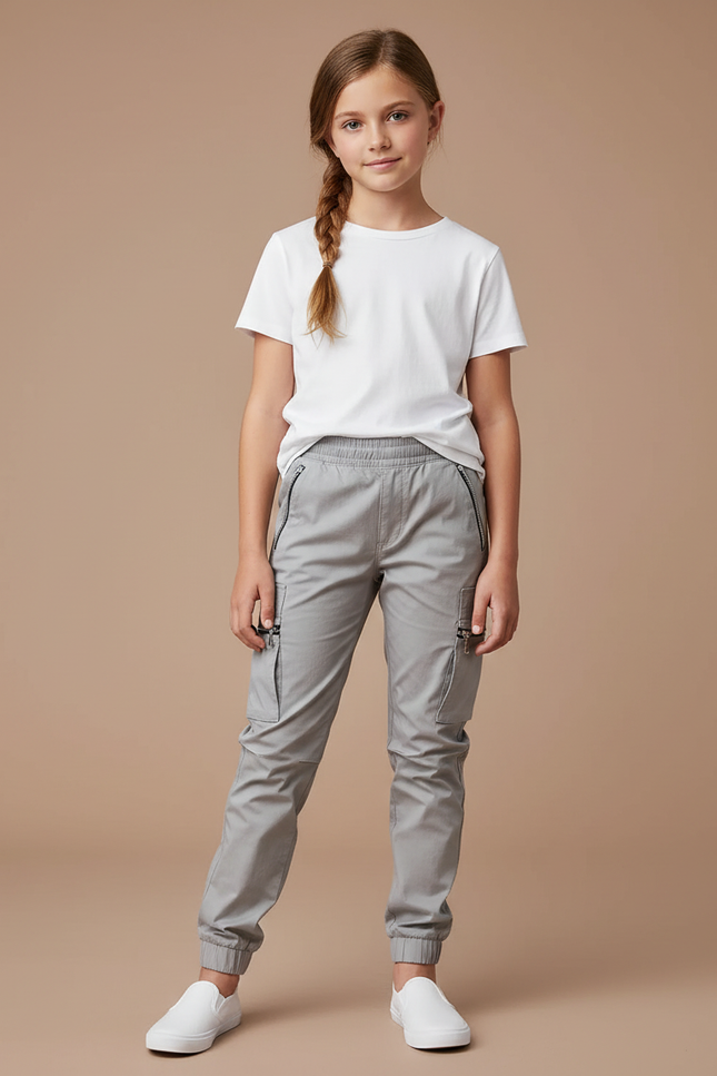 Pantalon Cargo Gris Fille Jogger Coton Zippé
