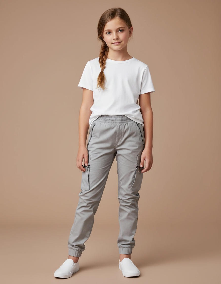 Pantalon Cargo Gris Fille Jogger Coton Zippé