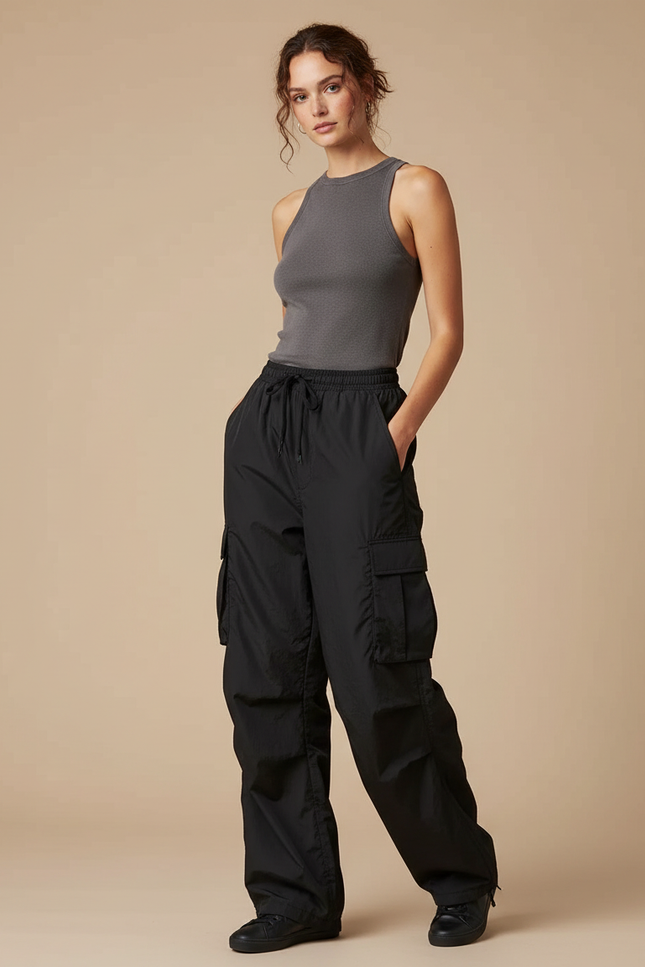 Pantalon Cargo Noir Fluide Ample Femme - Polyester