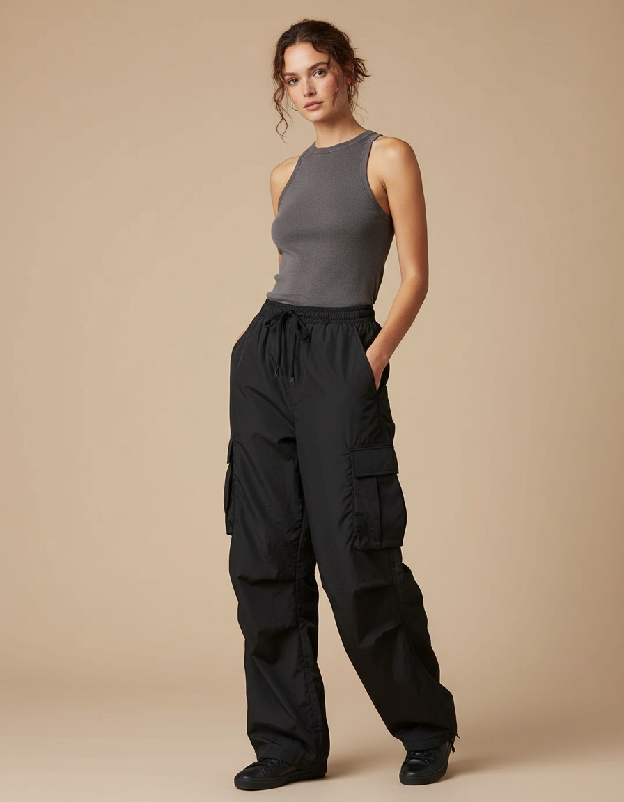 Pantalon Cargo Noir Fluide Ample Femme - Polyester
