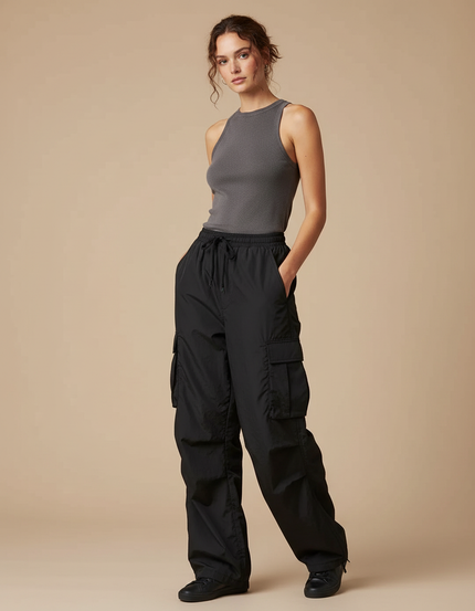 Pantalon Cargo Noir Fluide Ample Femme - Polyester