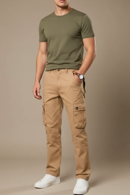 Pantalon Cargo Beige Coton Multipoches Décontracté Homme
