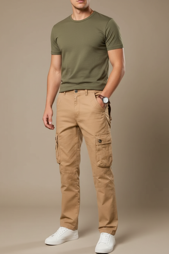 Pantalon Cargo Beige Coton Multipoches Décontracté Homme
