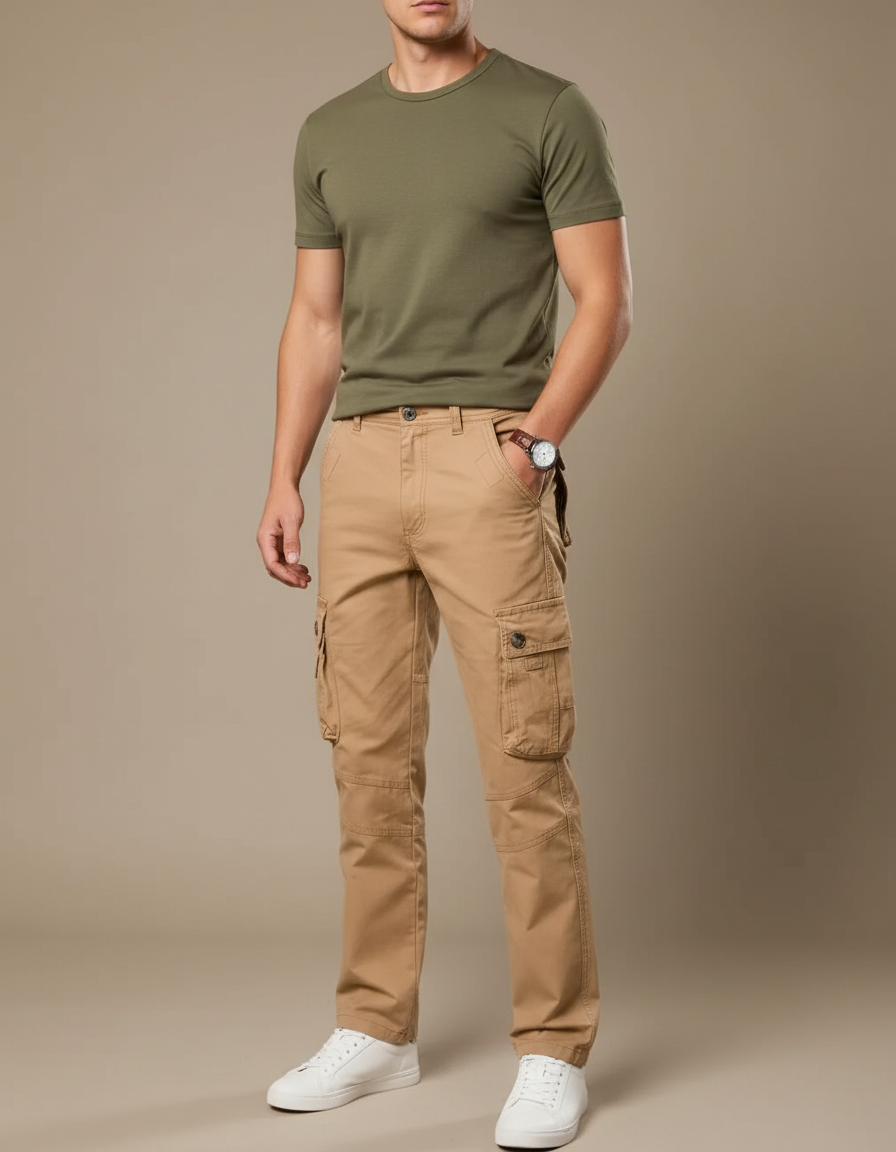 Pantalon Cargo Beige Coton Multipoches Décontracté Homme