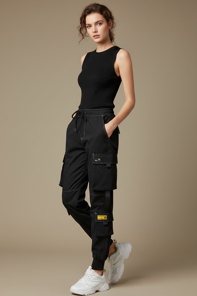 Pantalon Cargo Noir Décontracté Multi-Poches Femme - Polyester