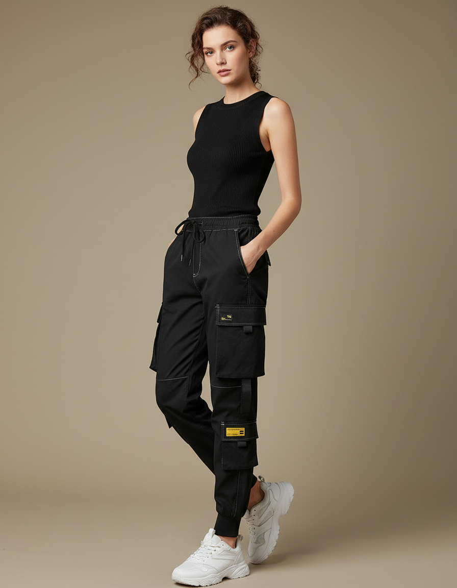 Pantalon Cargo Noir Décontracté Multi-Poches Femme - Polyester