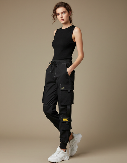 Pantalon Cargo Noir Décontracté Multi-Poches Femme - Polyester