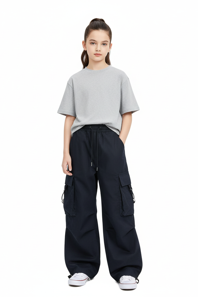 Pantalon Cargo Noir Ample Poches Fille - Marine Toile