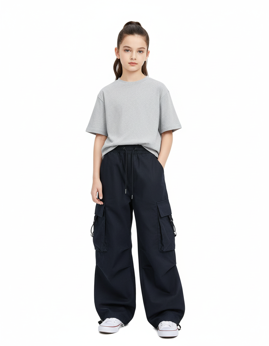 Pantalon Cargo Noir Ample Poches Fille - Marine Toile