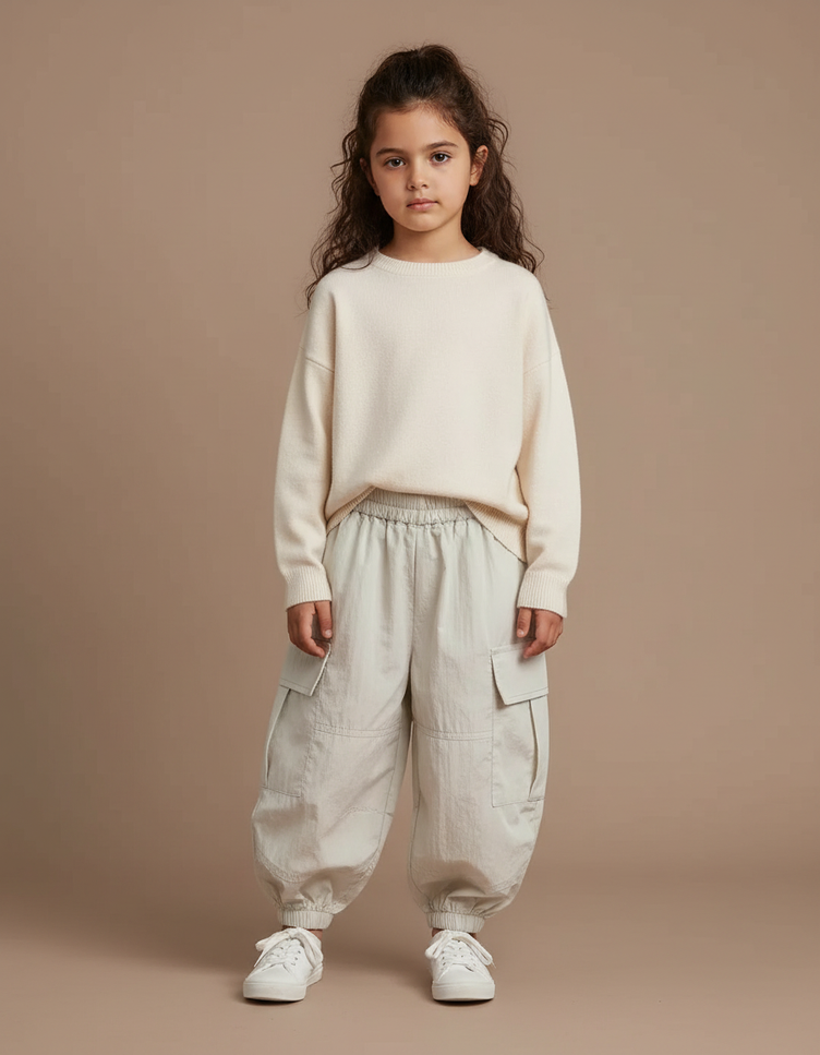 Pantalon Cargo Ample Beige Coton Enfant Poches - Polyester