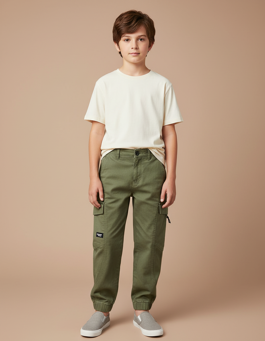 Pantalon Cargo Vert Kaki Coton Enfant Poches