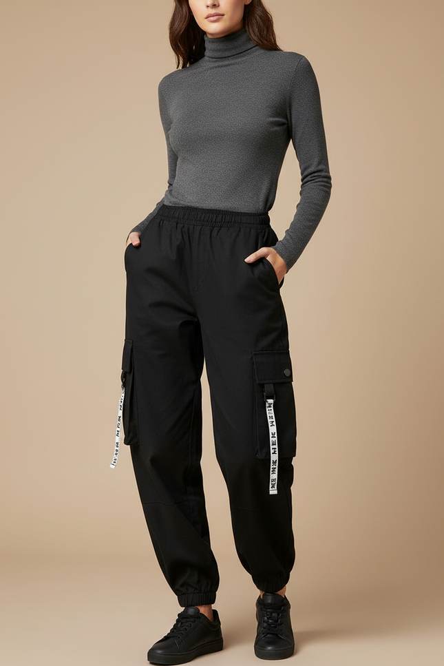 Pantalon Cargo Noir Fluide Décontracté Femme - Polyester