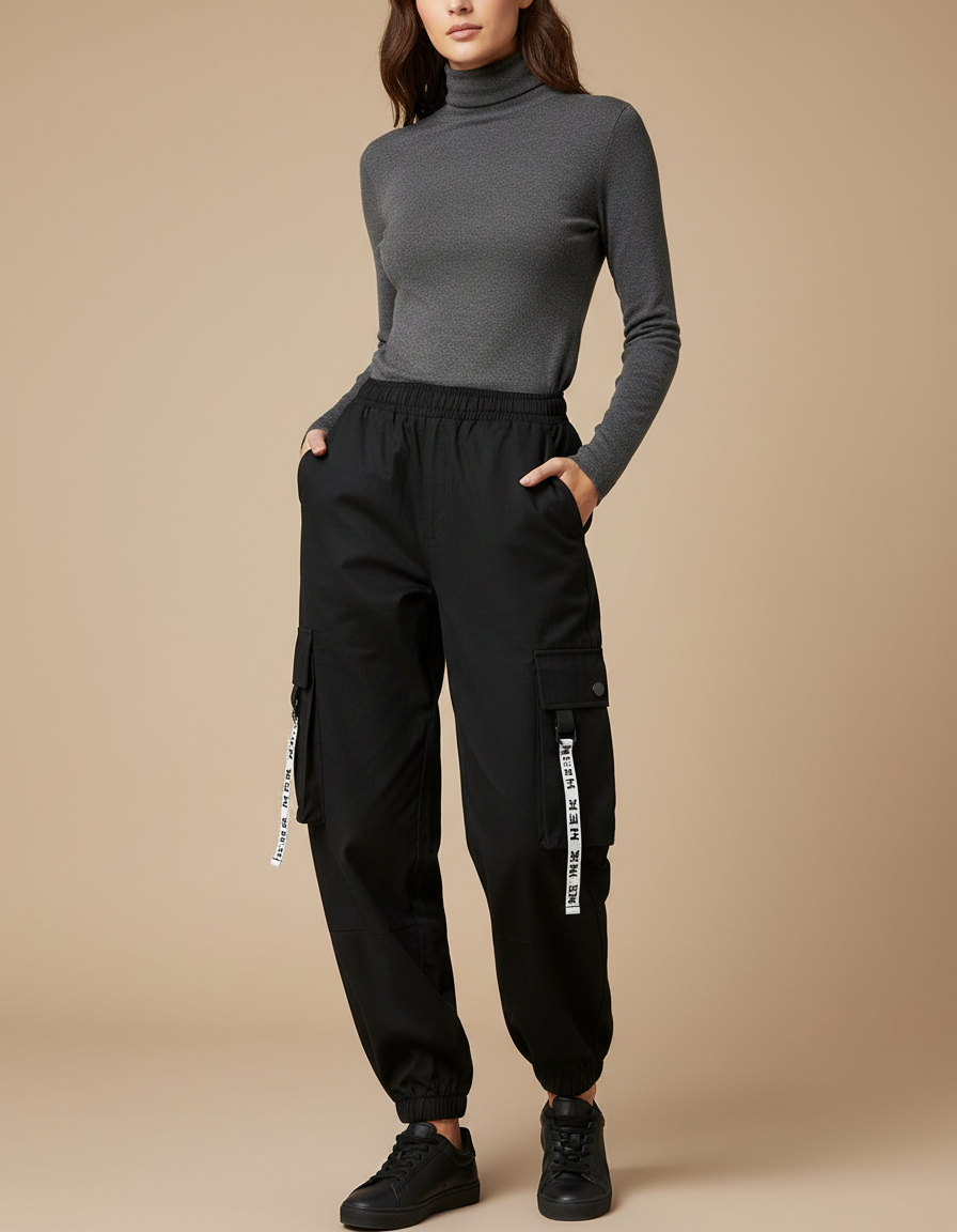 Pantalon Cargo Noir Fluide Décontracté Femme - Polyester