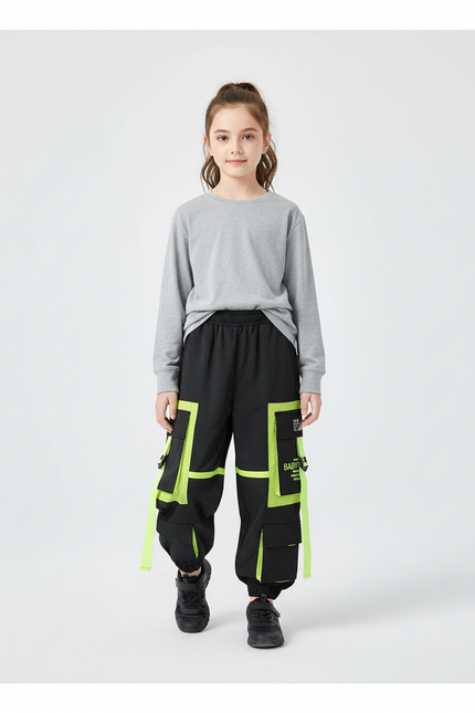 Pantalon Cargo Noir Fluorescent Ample Multipoches Enfant - Polyester
