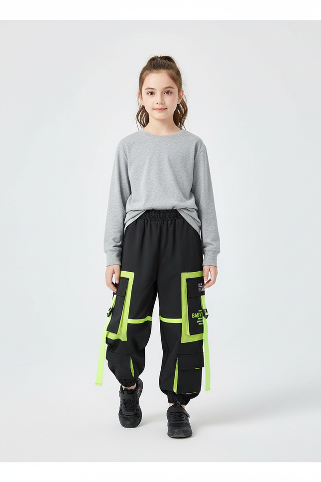 Pantalon Cargo Noir Fluorescent Ample Multipoches Enfant - Polyester