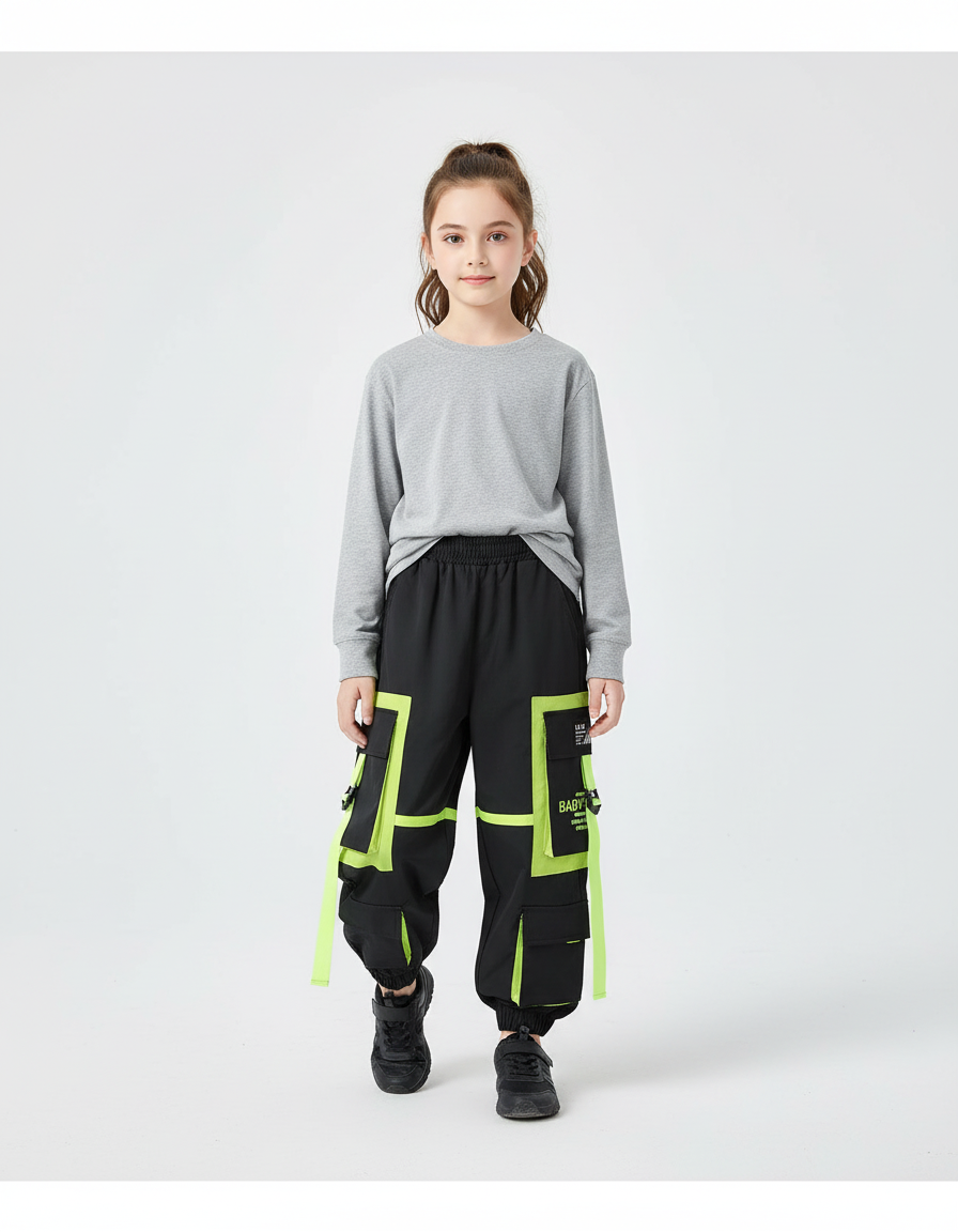 Pantalon Cargo Noir Fluorescent Ample Multipoches Enfant - Polyester