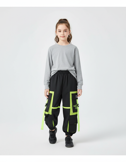 Pantalon Cargo Noir Fluorescent Ample Multipoches Enfant - Polyester