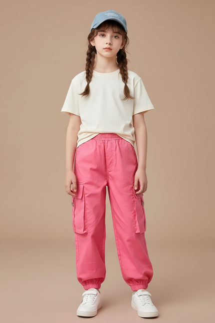 Pantalon Cargo Rose Fluide Multipoches Fille - Coton