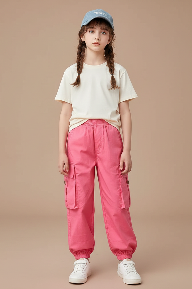 Pantalon Cargo Rose Fluide Multipoches Fille - Coton