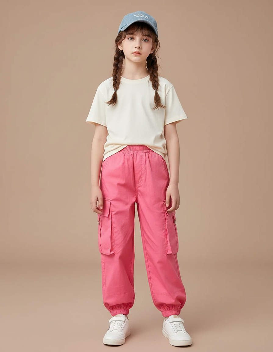 Pantalon Cargo Rose Fluide Multipoches Fille - Coton