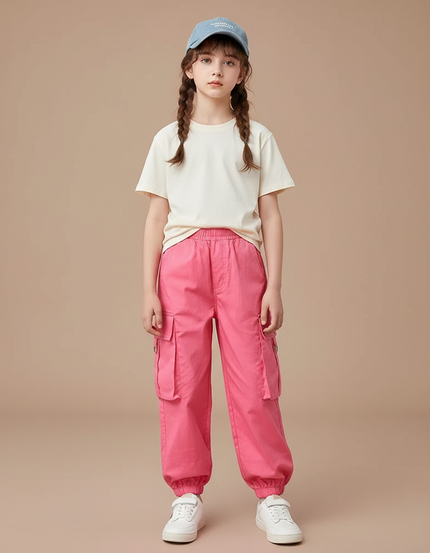 Pantalon Cargo Rose Fluide Multipoches Fille - Coton