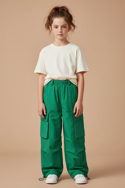 Pantalon Cargo Vert Ample Multipoches Enfant Décontracté - Polyester