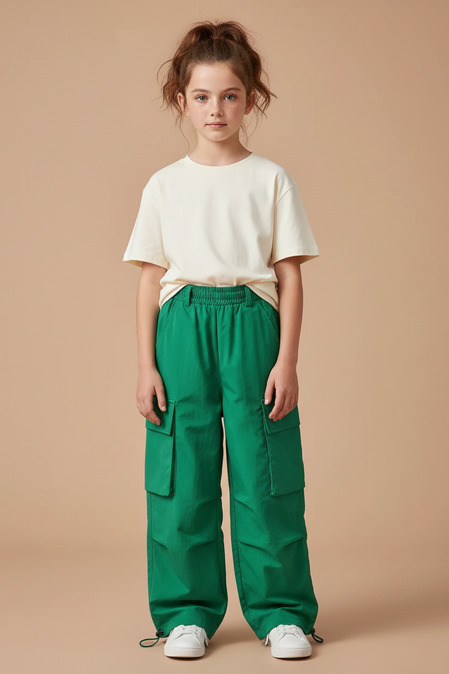 Pantalon Cargo Vert Ample Multipoches Enfant Décontracté - Polyester