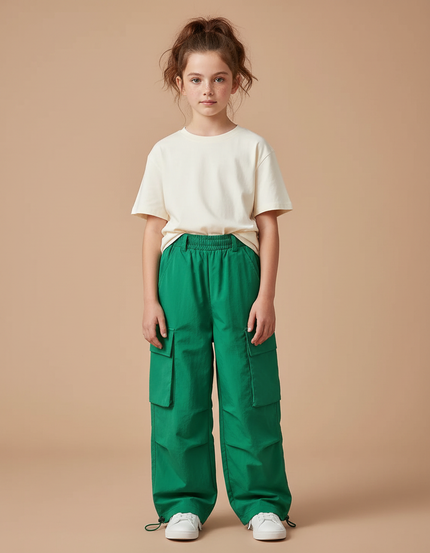 Pantalon Cargo Vert Ample Multipoches Enfant Décontracté - Polyester