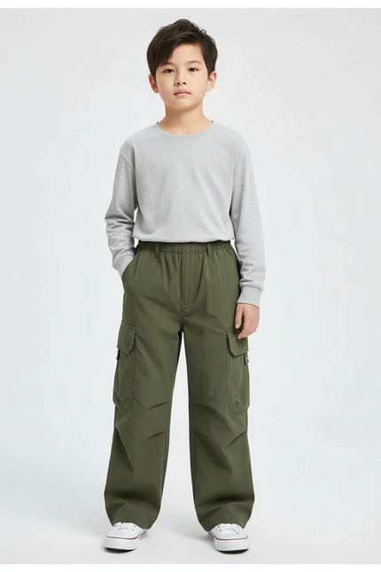 Pantalon Cargo Garçon Vert Kaki Ample Décontracté - Polyester