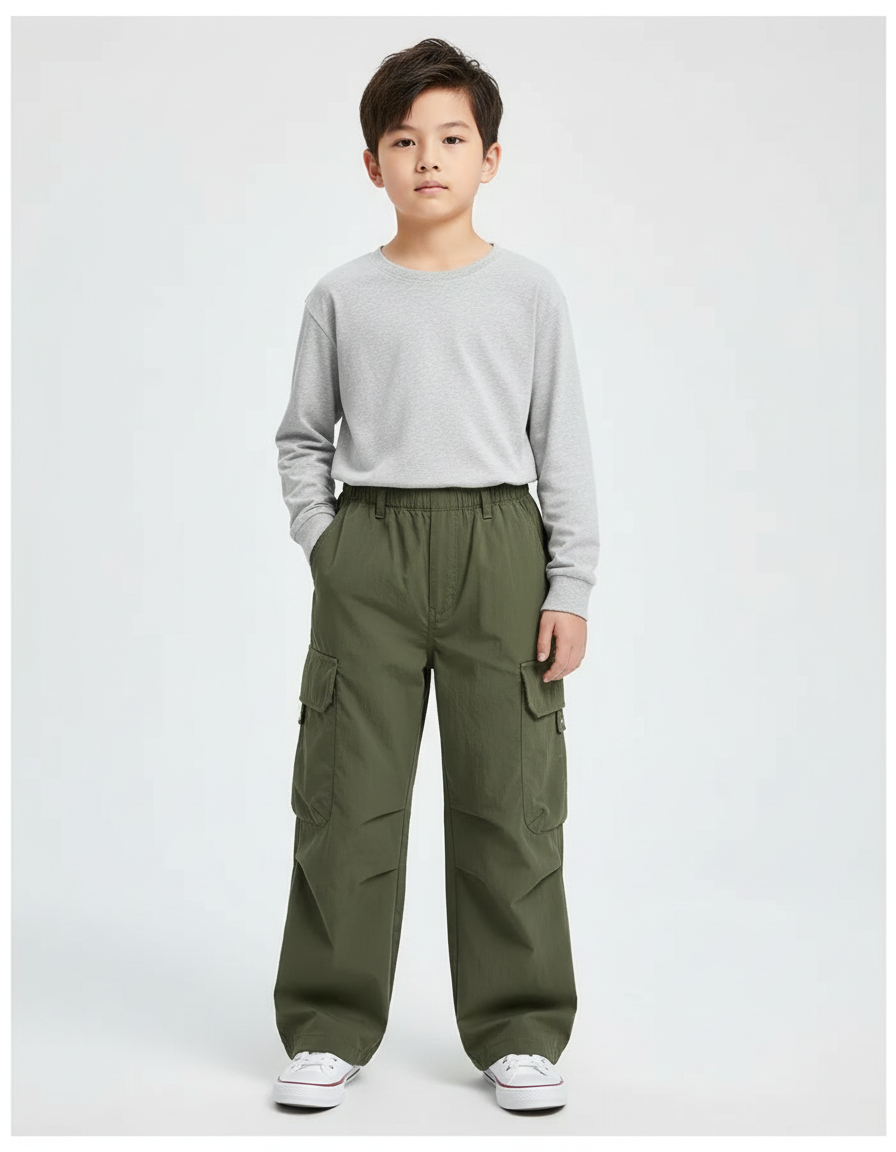 Pantalon Cargo Garçon Vert Kaki Ample Décontracté - Polyester