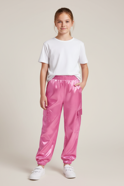 Pantalon Cargo Rose Métallisé Ample Fille Brillant - Satin