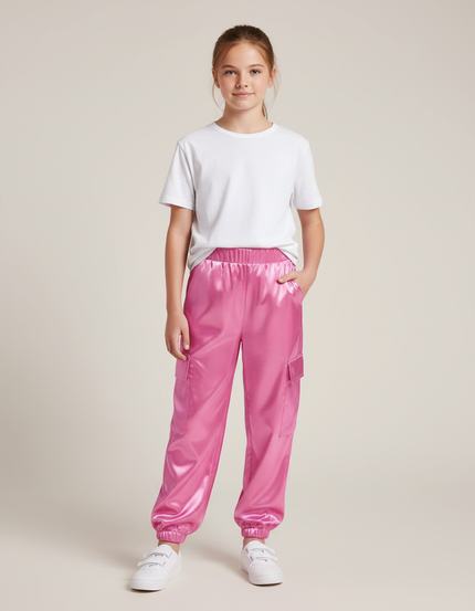 Pantalon Cargo Rose Métallisé Ample Fille Brillant - Satin
