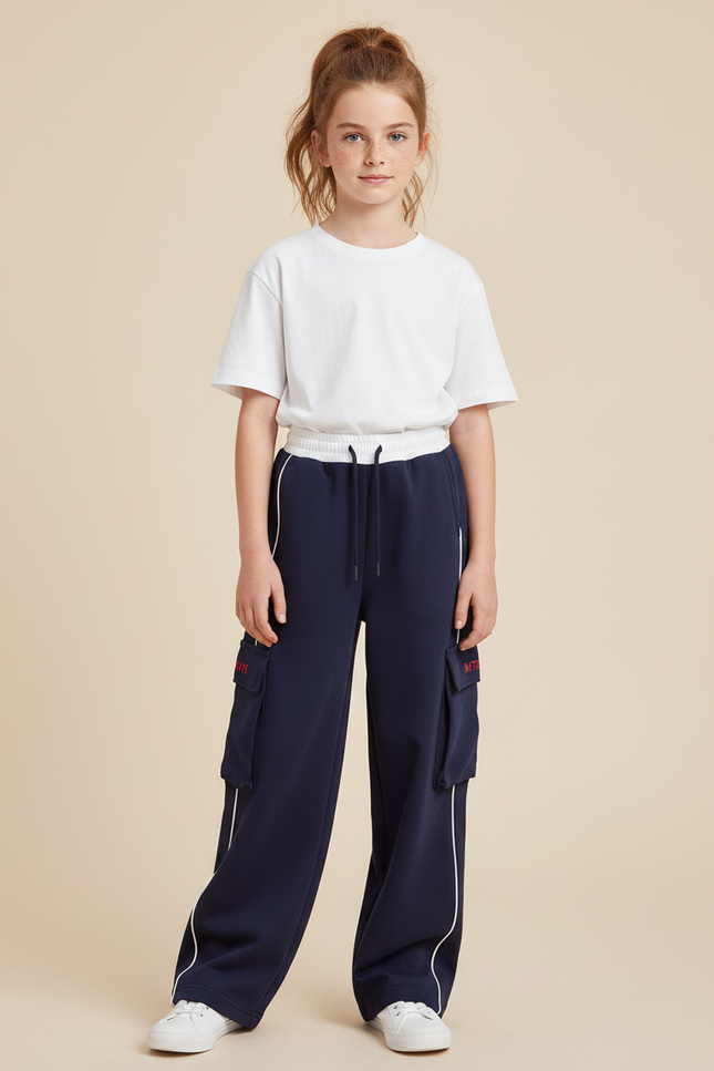 Pantalon Cargo Bleu Marine Ample Multipoches Décontracté Enfant - Molleton