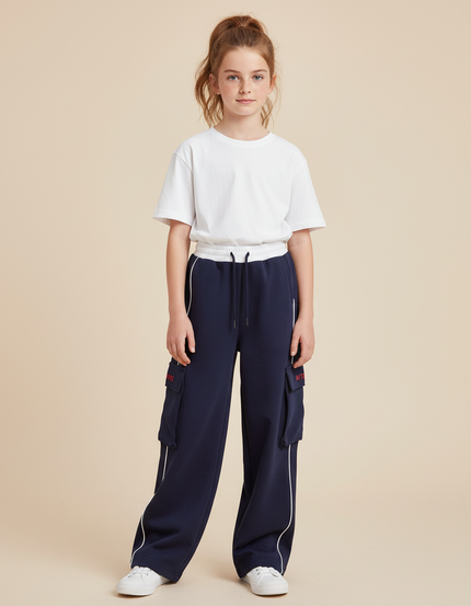Pantalon Cargo Bleu Marine Ample Multipoches Décontracté Enfant - Molleton