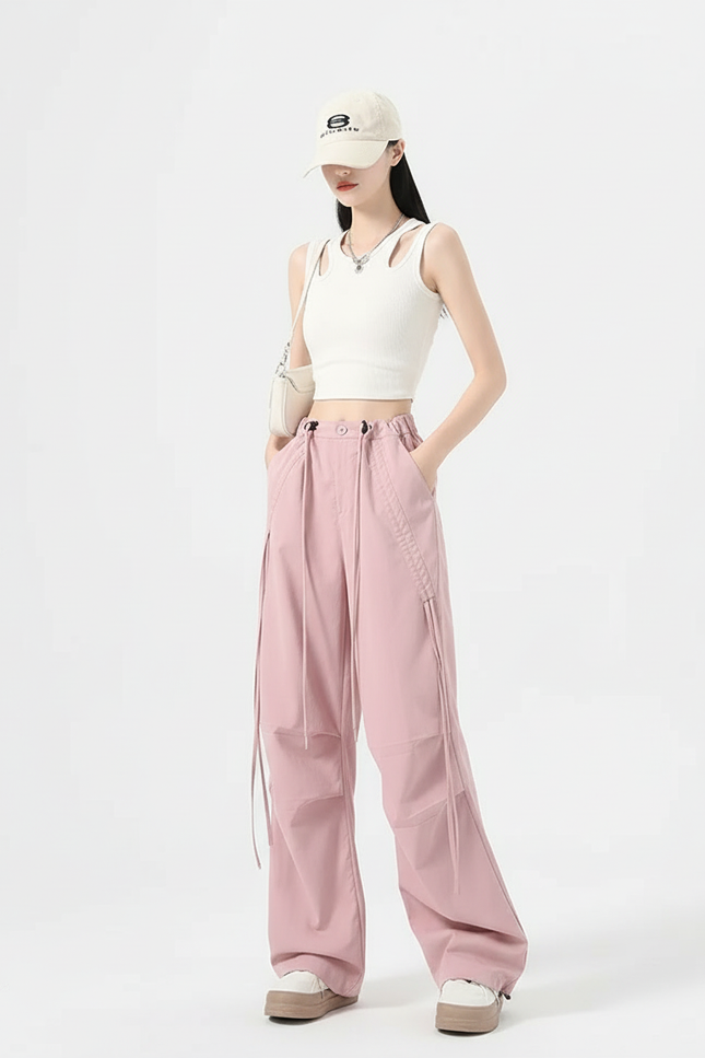 Pantalon Cargo Rose Ample Cordon Tendance Femme - Gabardine