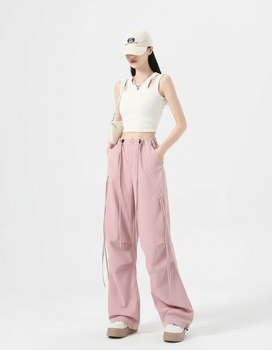 Pantalon Cargo Rose Ample Cordon Tendance Femme - Gabardine