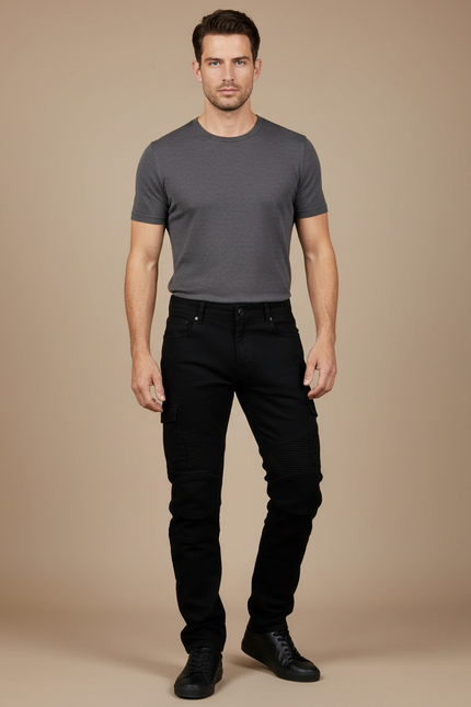 Pantalon Cargo Noir Homme Slim Motard Plissé - Jean